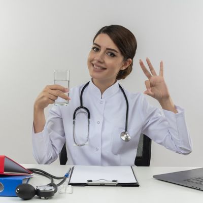 smiling young female doctor wearing medical robe with stethoscope sitting at desk work on computer with medical tools holding glass of water and showing okey gesture on isolated white background with copy space